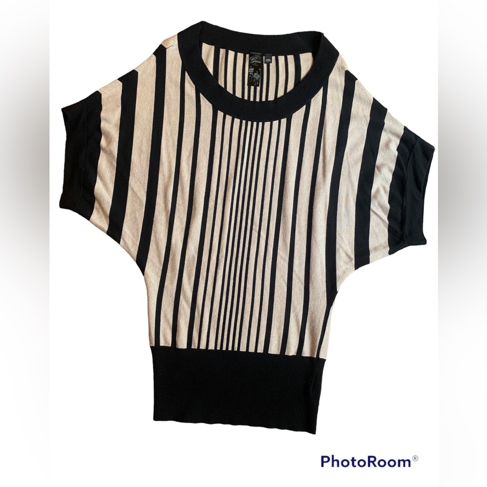 Guess taupe and black scoop neck short sleeve striped sweater, Large